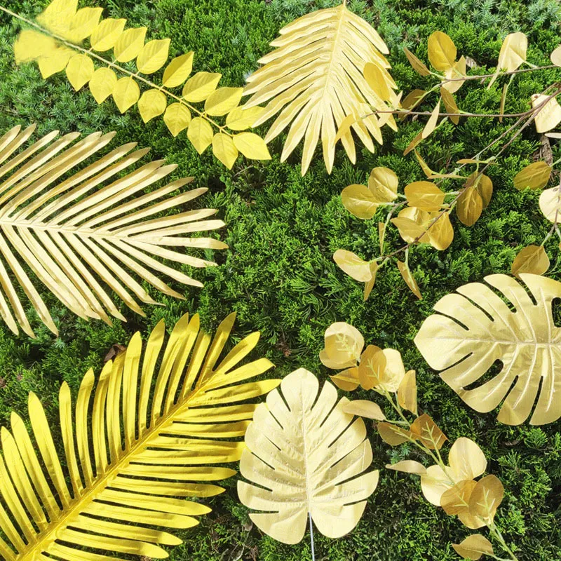 5/10pcs of Artificial Plant Gold Palm Leaves Monstera Hawaiian Luau Summer Tropical Party Decoration Wedding Birthday Home Decor