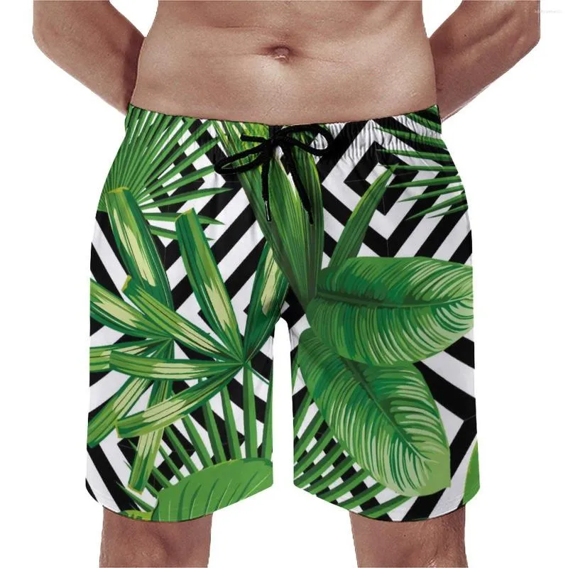 Men's Shorts Palm Leaves Board Black White Geometry Hawaii Short Pants Custom Surfing Quick Dry Swimming Trunks Birthday Present