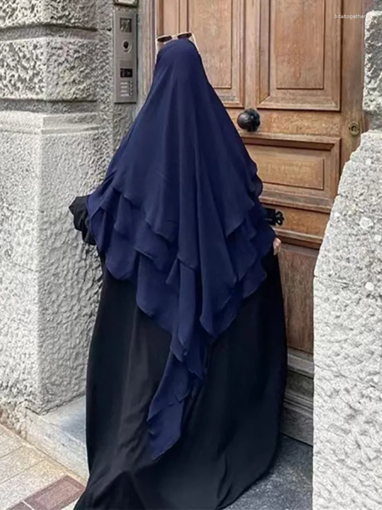 Vêtements ethniques 3 couches de mousseline de soie longue Khimar femmes musulmanes hijab prière Jilbab Eid Hijabs foulard châle voile trois couches Djellaba Niqab