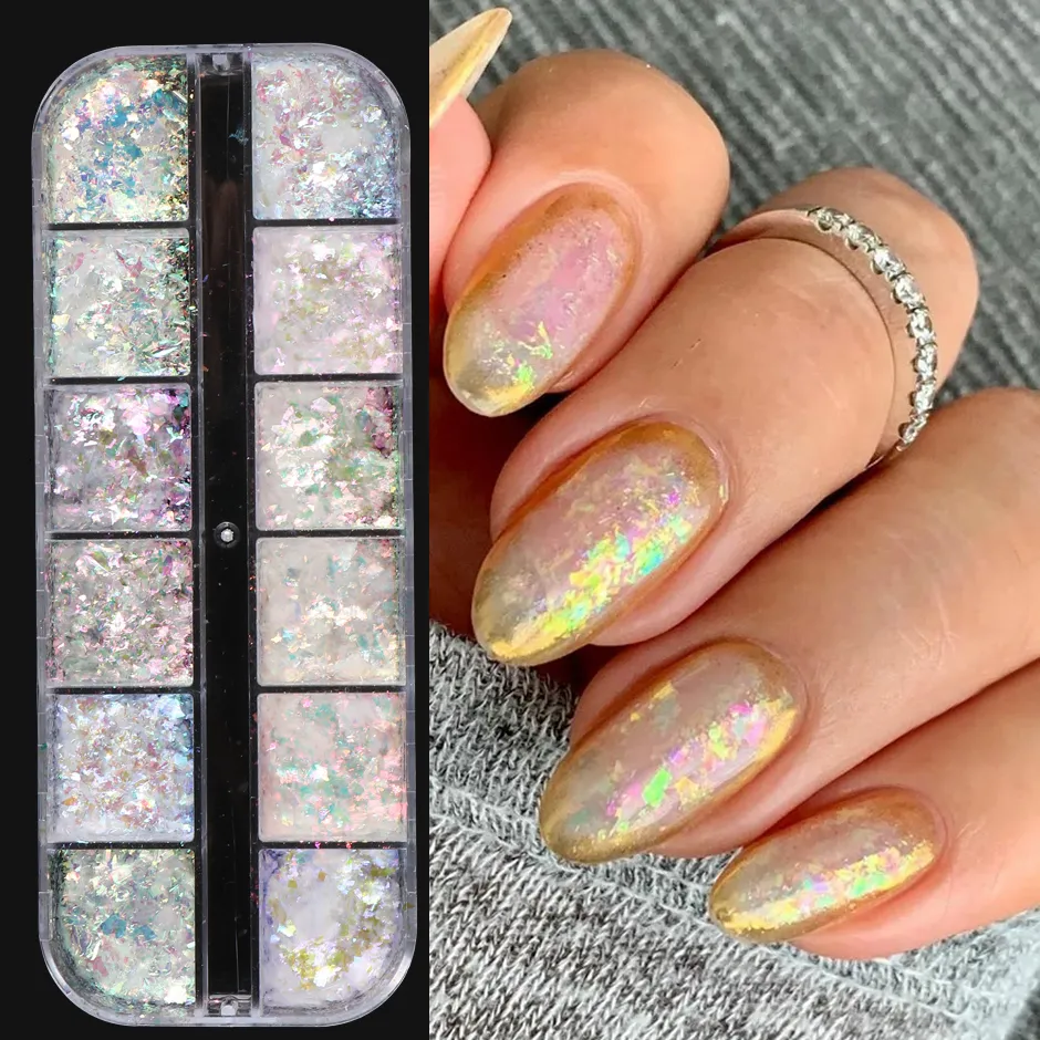 Nail Glitter 12 rutnät holografiska Opal Fire Flakes Art Paillette genomskinlig aurora iriserande uppsättning Dekorationspulver 230908