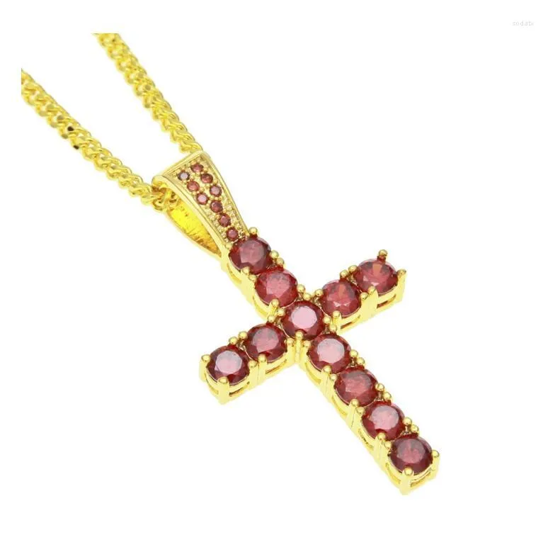 Ketten Gold gefüllt Schwarz Rot Zirkonia Herren Kreuz Anhänger Kubanische Gliederkette Klassische Hip Hop Bling Herren Halskette