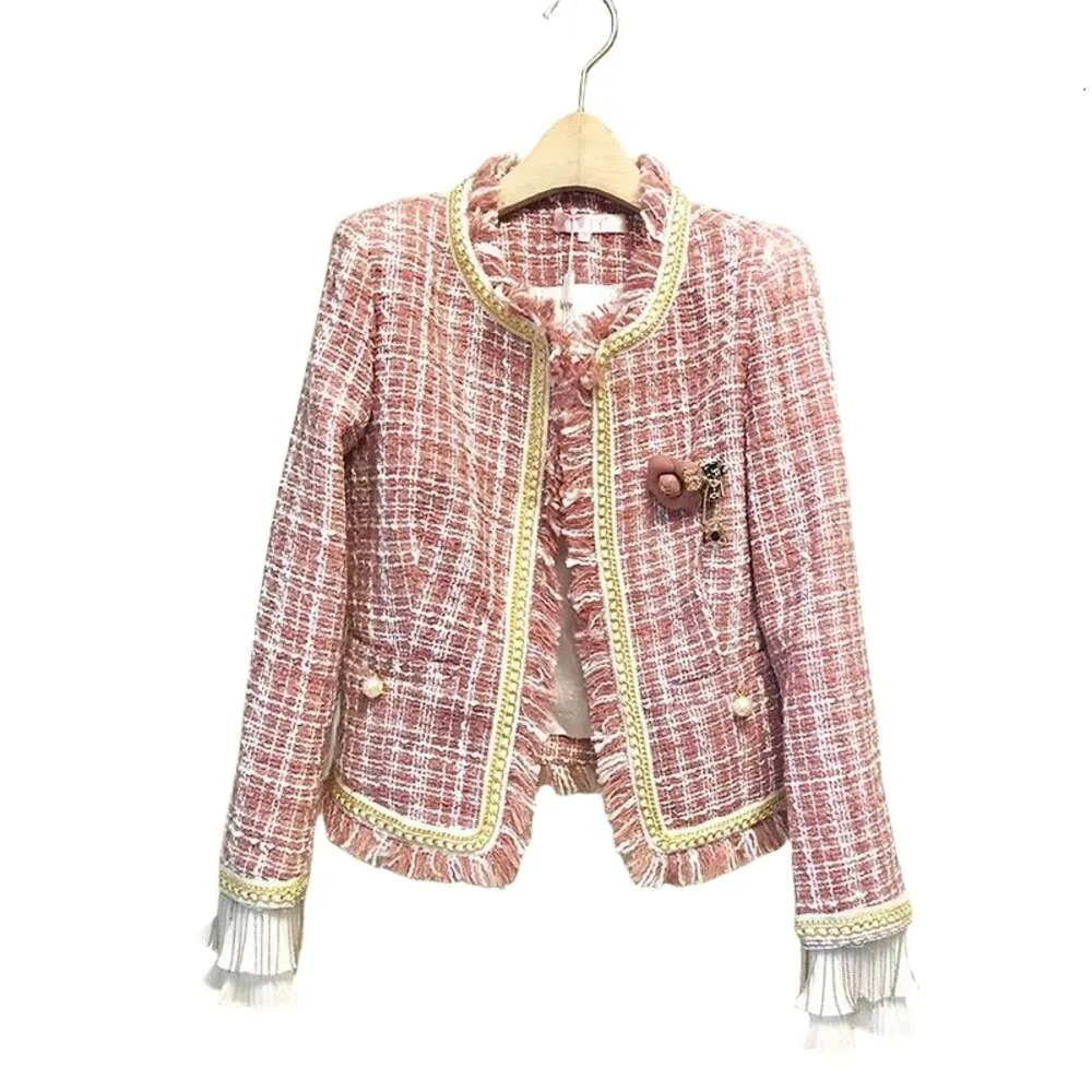 Designer Kvinnor Coat Herrkvinnor Originalkvalitet Jackor Kvinnor Högkvalitativ Pink Plaid Kvinnor Tweed Overcoat Spring Tassel Beading Long Sleeve Jacket Fashion