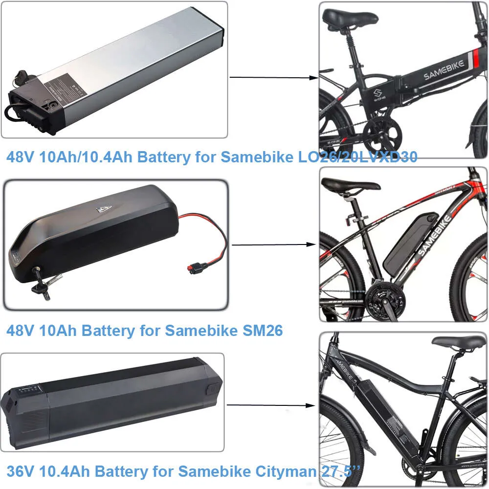 Long Range Ebike Cruiser Battery 48V 10Ah 10.4Ah Samebike LO26 20LVXD30 SM26 Cityman Folding Electric Bike Battery 36V 10.4Ah