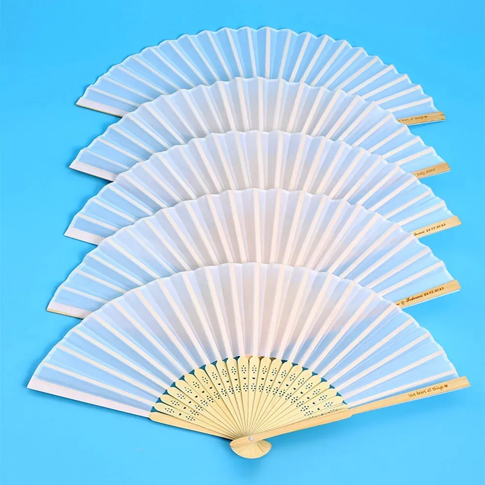 Personalized Engraved White Folding Elegant Silk Hand Fan with Gift bag Wedding & mariage Fans