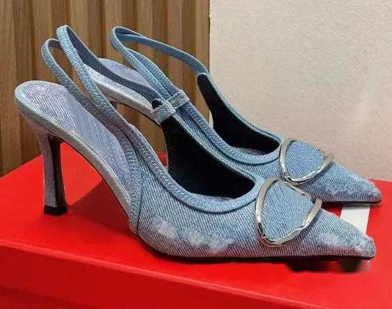 Letra Metálica Salto Alto Mulheres Retro Moda Dedos Apontados Slingbacks Gatinho Salto Sandálias Designer De Luxo Denim Azul Vestido Sapatos Sapatos De Festa De Escritório Com Caixa