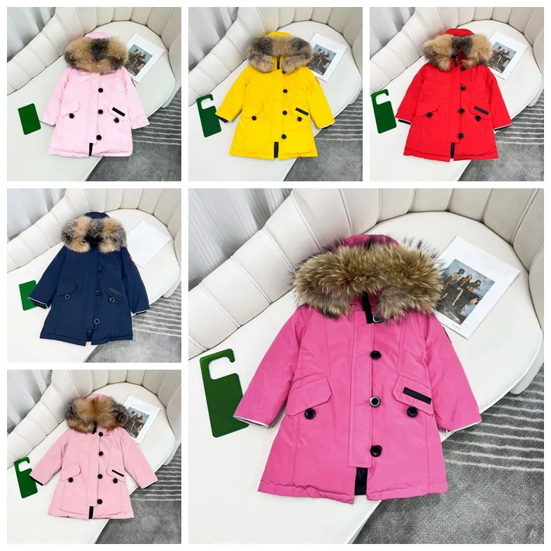 Enfant en bas âge enfants manteau bébé vêtements de marque vers le bas manteaux veste enfant vêtements avec badge à capuche épais vêtements d'extérieur chauds fille garçon filles classique Parkas loup col de fourrure style rose bleu