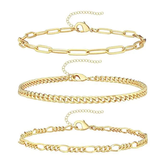 Charm Bracelets Gold Color Barcelet Set Simple Design For Women Trendy Handmade Fashion Jewelry Cuba Figaro Snake Beads Chain Length Ot07T