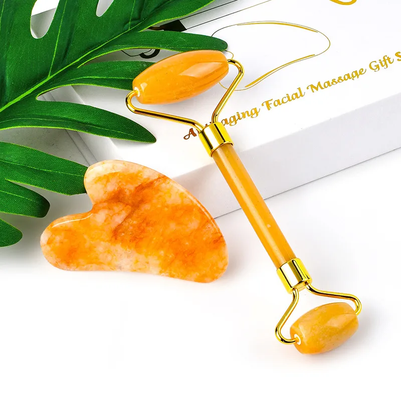 Jade Roller et Gua Sha Set Natural Yellow Jade Face Roller Rouleau Guasha Eye Massager Beauty Health Anti-Aging Rester les soins de la peau