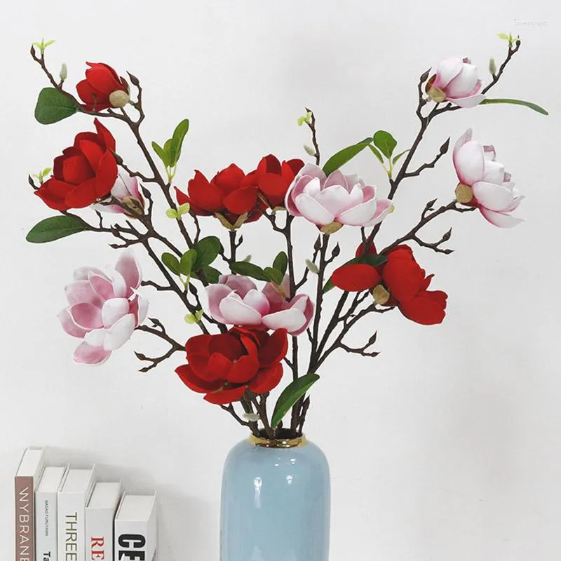 Decoratieve bloemen 3-kops kunstbloem Magnolia Real Touch Orchideeboeket Simulatie Tak Bruiloft Woondecoratie Cadeau