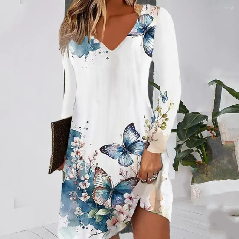 Casual Dresses Women Dress Vintage Pattern Print Party Chic Women's V-Neck Loose Fit Long For Office