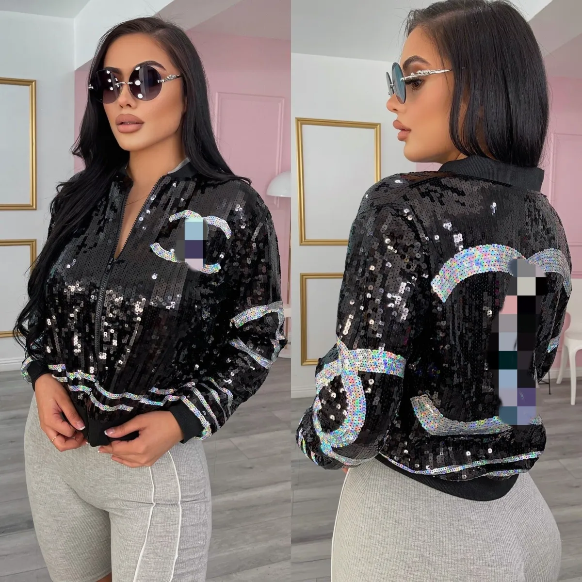 Fashion Sequins Jackets Women Casual Zip Baseball Jacket Daily Coats Outerwear Free Ship