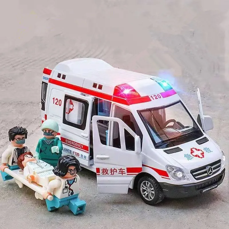 Gegoten modelauto 1 32 Sprinter Legering Ambulancevoertuigen Automodel Diecasts Metaal speelgoed Ambulance Automodel Simulatie Geluid en licht Kinderen Speeltjes Geschenk 230908