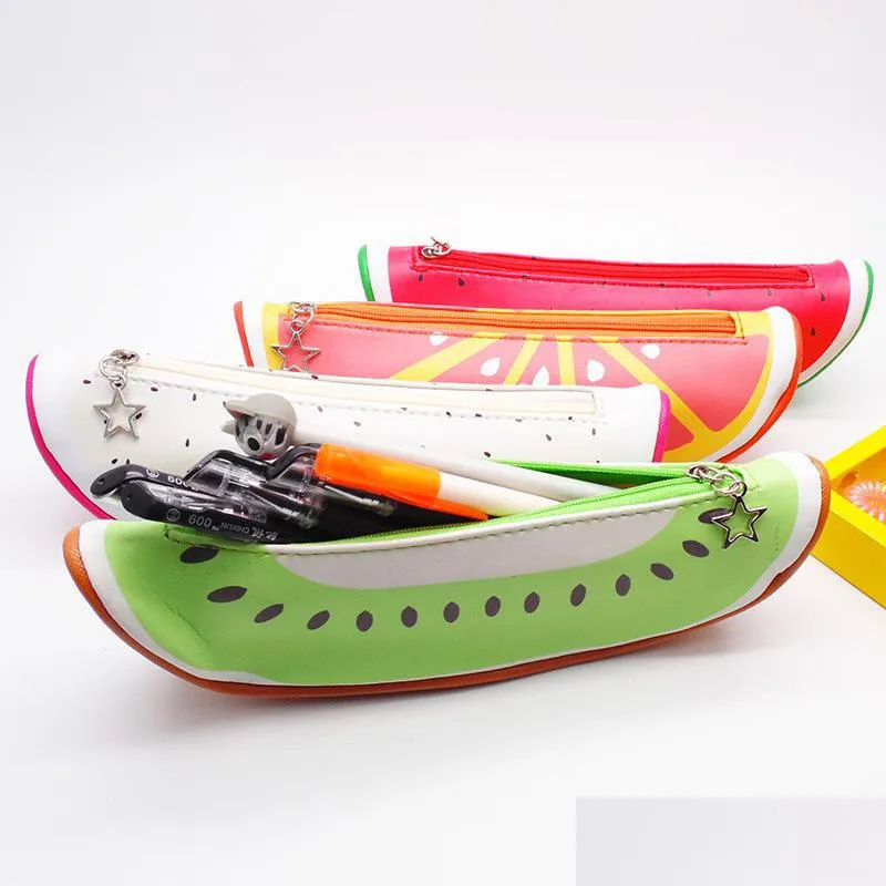 Sacs à crayons Mode Fruit Style Case pour filles Nouveauté Sac de rangement en cuir Créativité Papeterie Bureau Fournitures scolaires Drop Dhgarden Dh0Zh