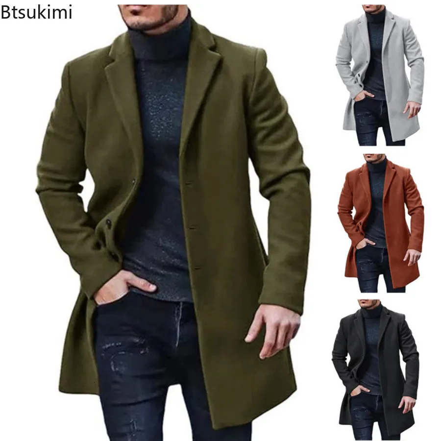 Mezclas de lana para hombres Otoño Invierno para hombres Solapa de manga larga Chaqueta de un solo pecho Lana Abrigos con botones sólidos Casual Hombres sueltos Chaquetas simples 230908