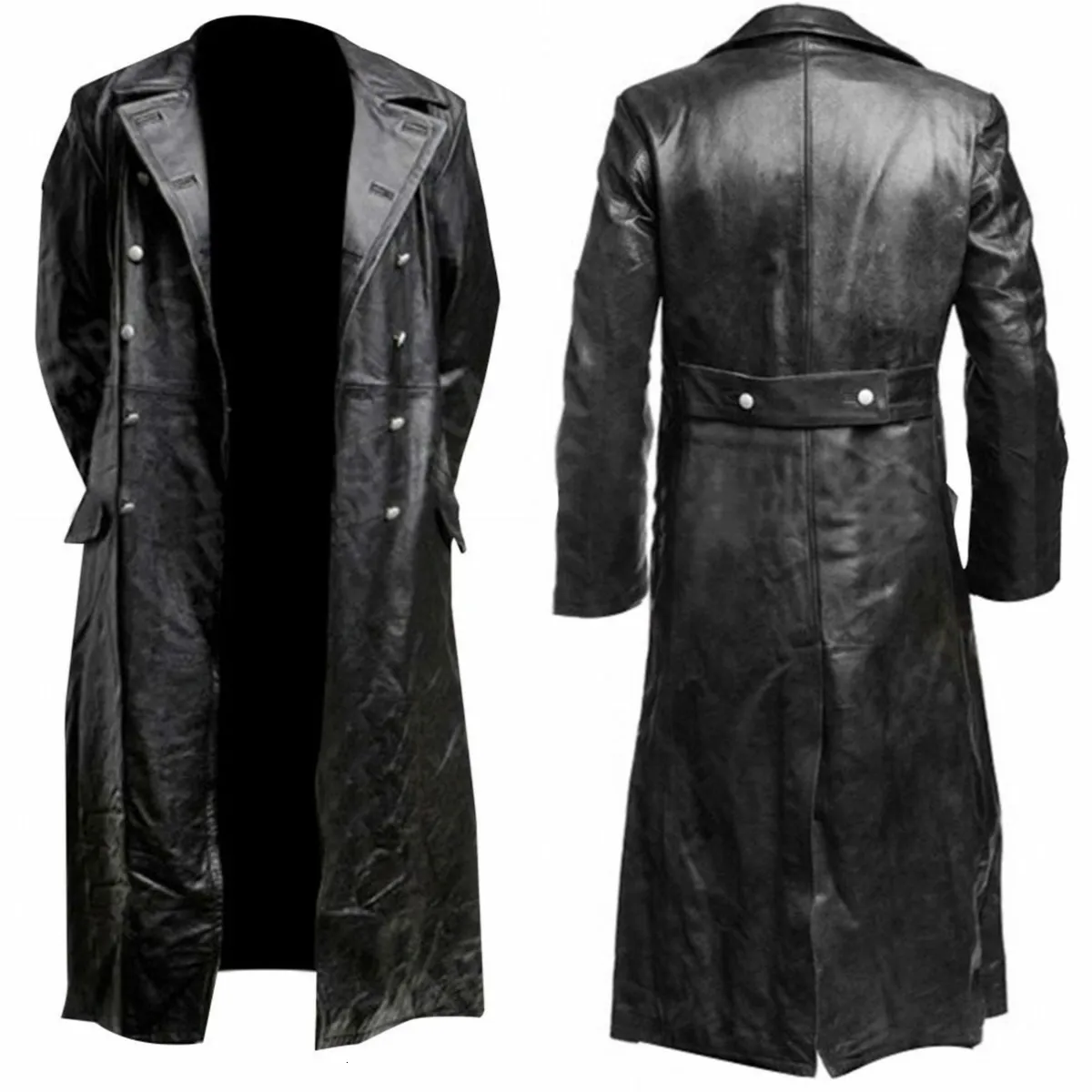 Herrläder faux herrarnas tyska klassiker WW2 Militär enhetlig officer Black Real Leather Trench 230907