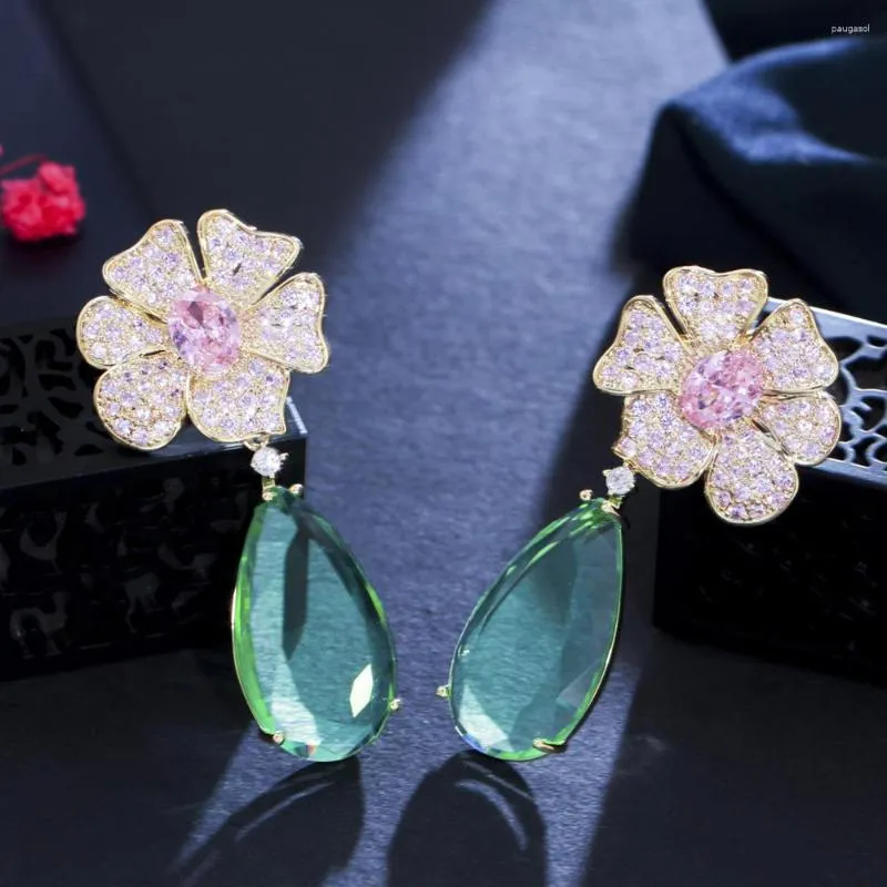 Boucles d'oreilles pendantes trois grâces de luxe rose vert CZ cristal grande goutte d'eau suspendue longue fleur pour femmes bijoux de bal de mariage ER663