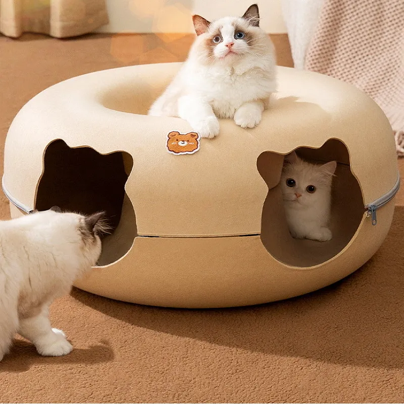 Kennele Pensje Śliczna interaktywna zabawka w kształcie kreskówek dla kotów Filc Feil Tunnel Cave Łóżka jaskiniowe zdejmowane pączki z zamkiem gniazdem