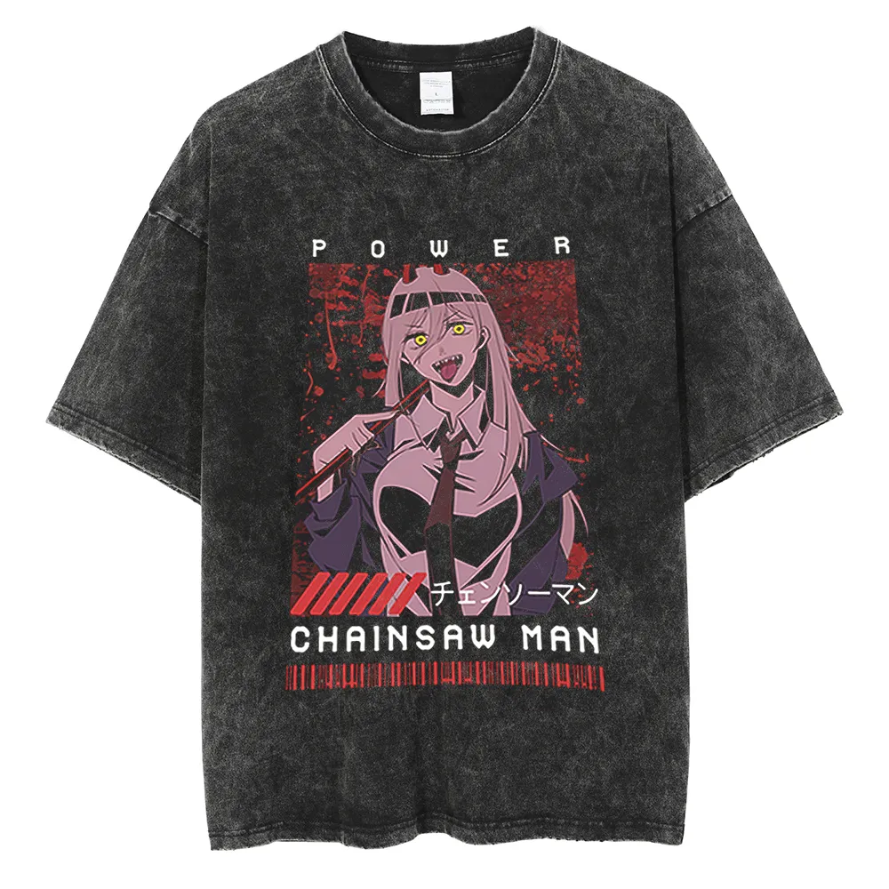 Herr thirts anime chainsaw man grafik t shirt harajuku hip hop vintage tvättade krafttryck tshirts överdimensionerade 100 bomull streetwear tshirt 230907