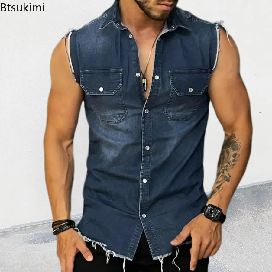 Men's Vests Summer Men's Denim Vest T Shirts Lapel Pocket Sleeveless Tank Top Hip Hop Jean Jacket Waistcoat Coat Muscle Mens Tops 230908