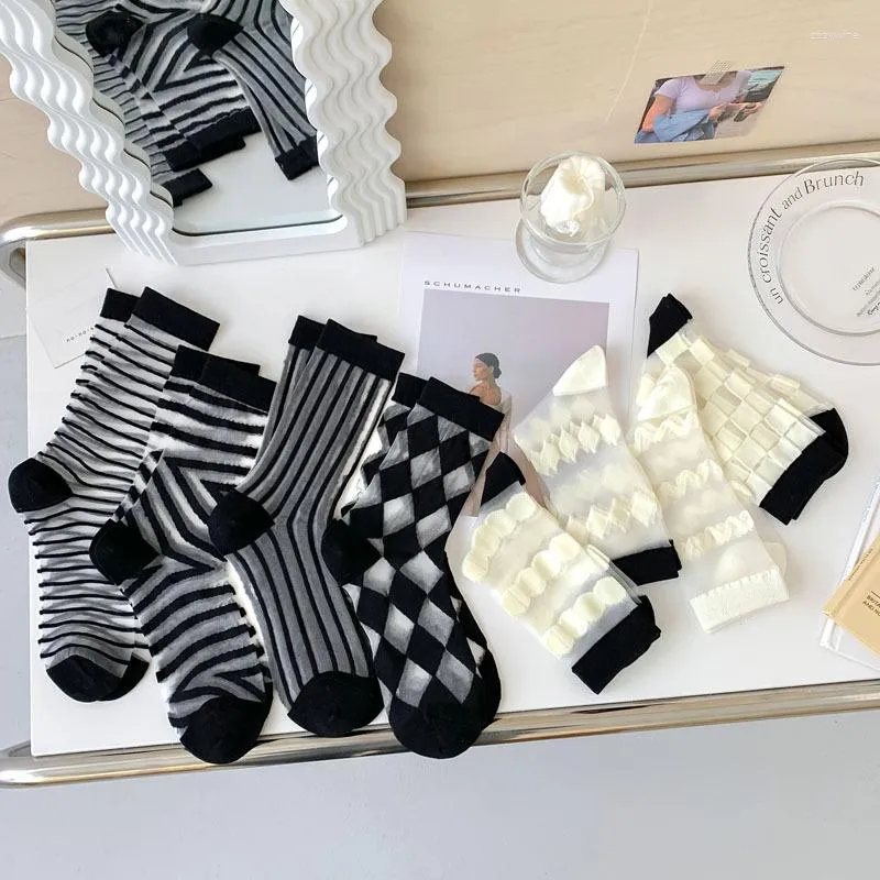 Женщины носки в стиле Япония черно-белый ультратонкий прозрачный летний хрустальный шелк