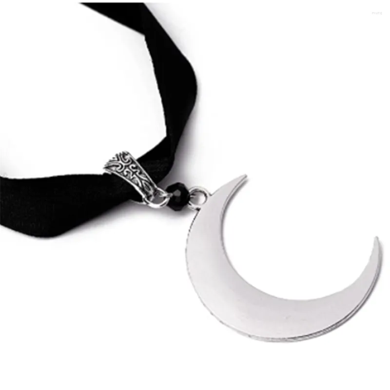 Choker Black Velvet With Silver Moon Charm Gothic Crescent