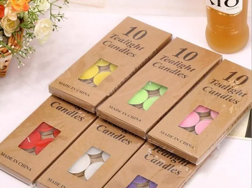 10 pcs package Candle Favors TEALIGHTS CANDLES Colored candle kraft paper box DIY candle Valentines day romantic love swing chart WQ04 ZZ