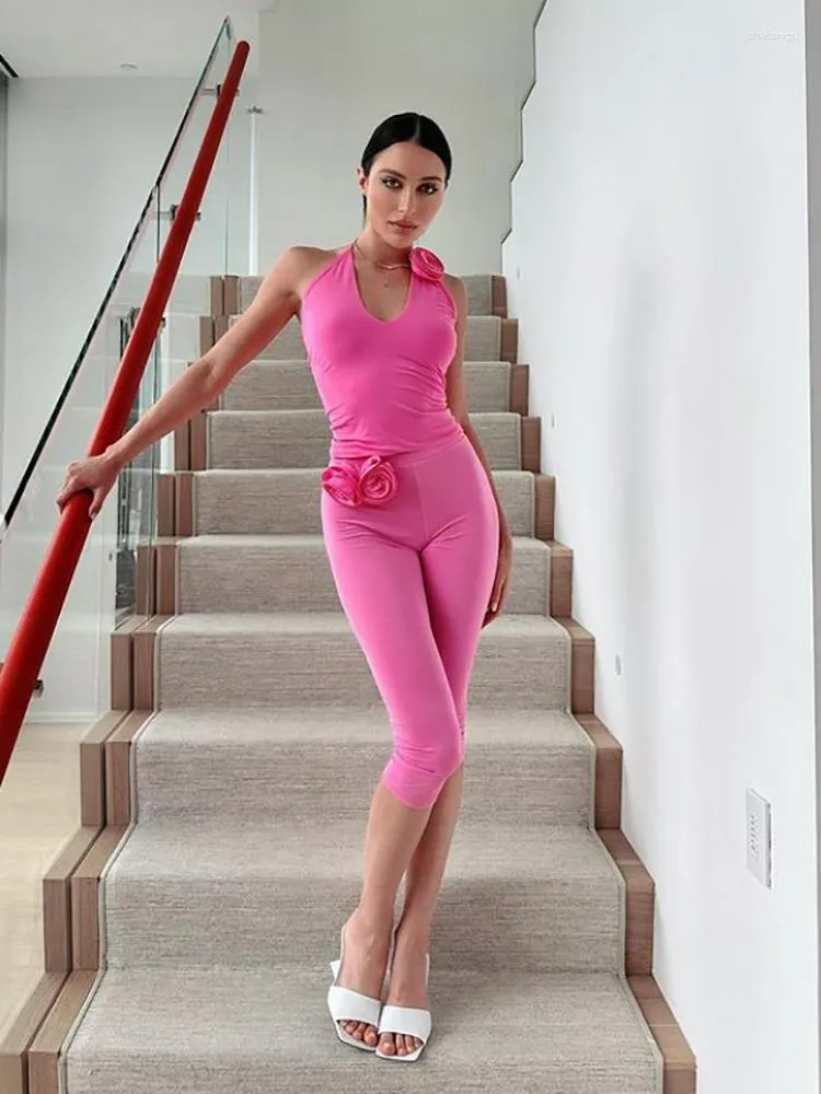 Kvinnors shorts 3D tredimensionella rosor Dekorerade elastiska tätt passar hundra avslappnade sexiga och eleganta rosa yoga femdelade byxor 2023