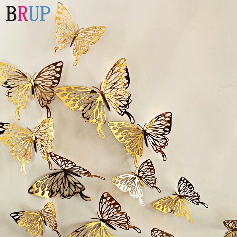 Adesivi murali 12 pezzi 3D Hollow Golden Silver Butterfly Art Decorazioni per la casa Decalcomanie per la festa nuziale Display Shop 230907