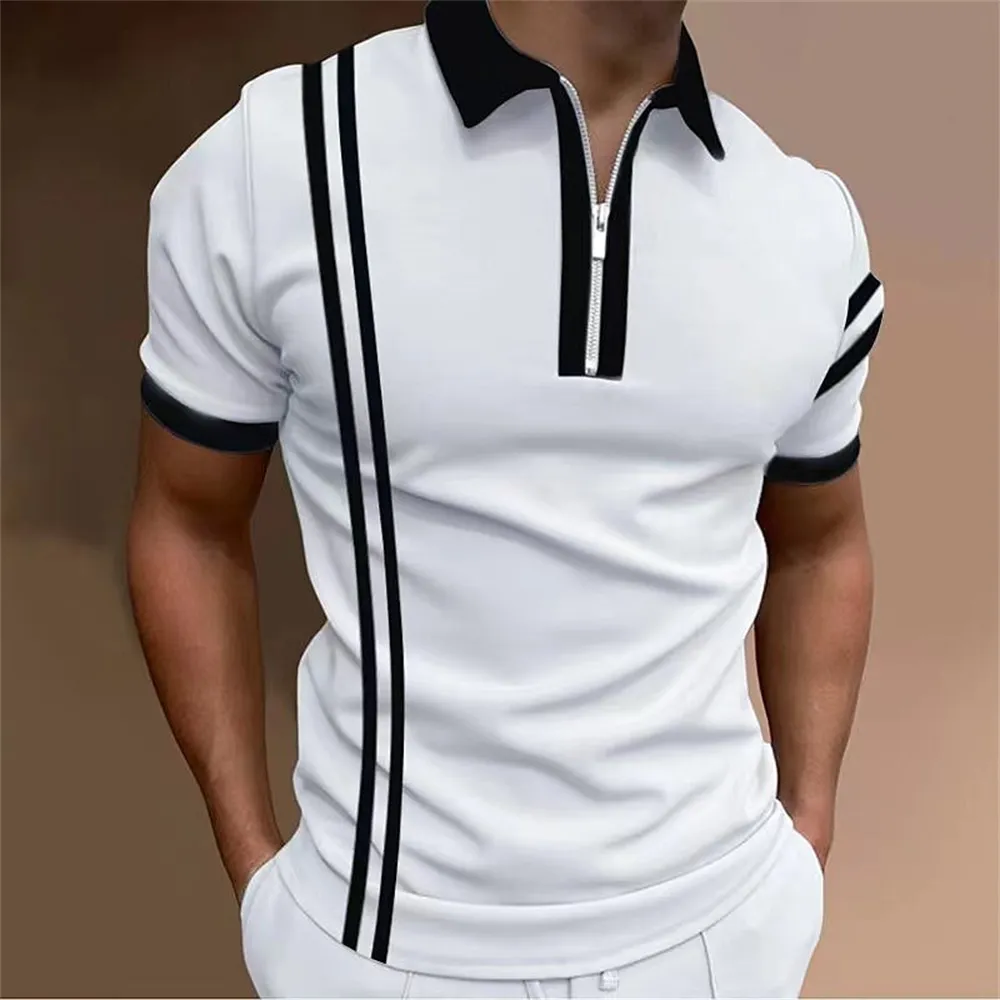 Men's Polos Simple Men'S Zip Polo Stripes Lapel Shirts Man Golf 3d Graphic Geometry Turndown Short Sleeves Zipper Clothing Tops 230907