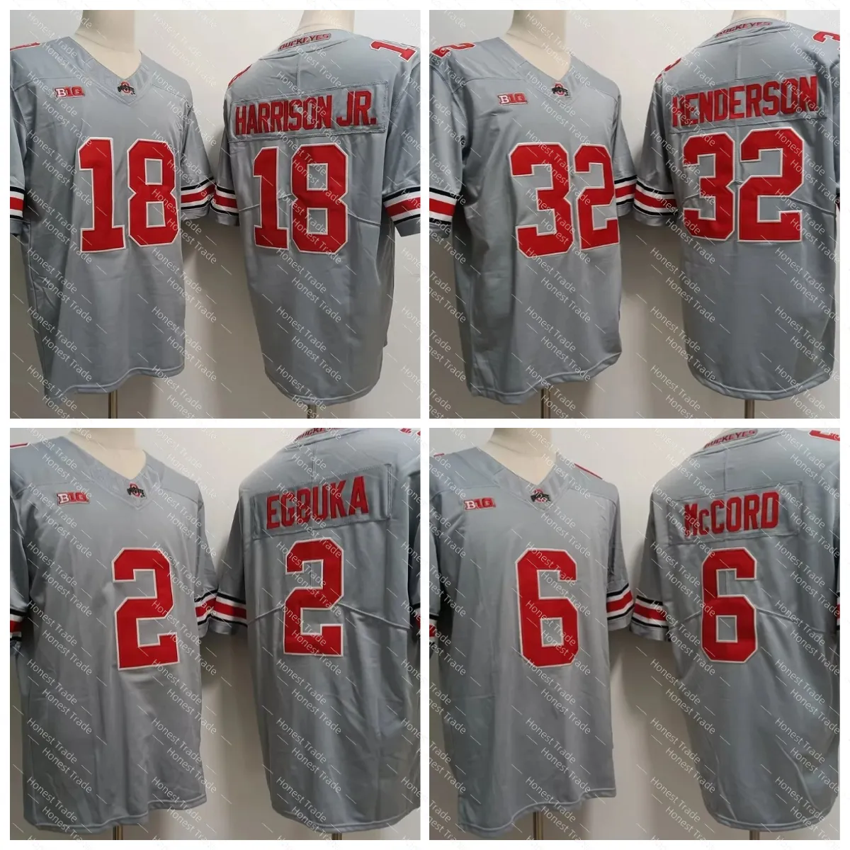 Grijs Ohio State Buckeyes 18 Marvin Harrison Jr. voetbalshirt College TreVeyon 32 Henderson 2 Emeka Egbuka 6 Kyle McCord grijs gestikte herenshirts voetbal nieuw 2024