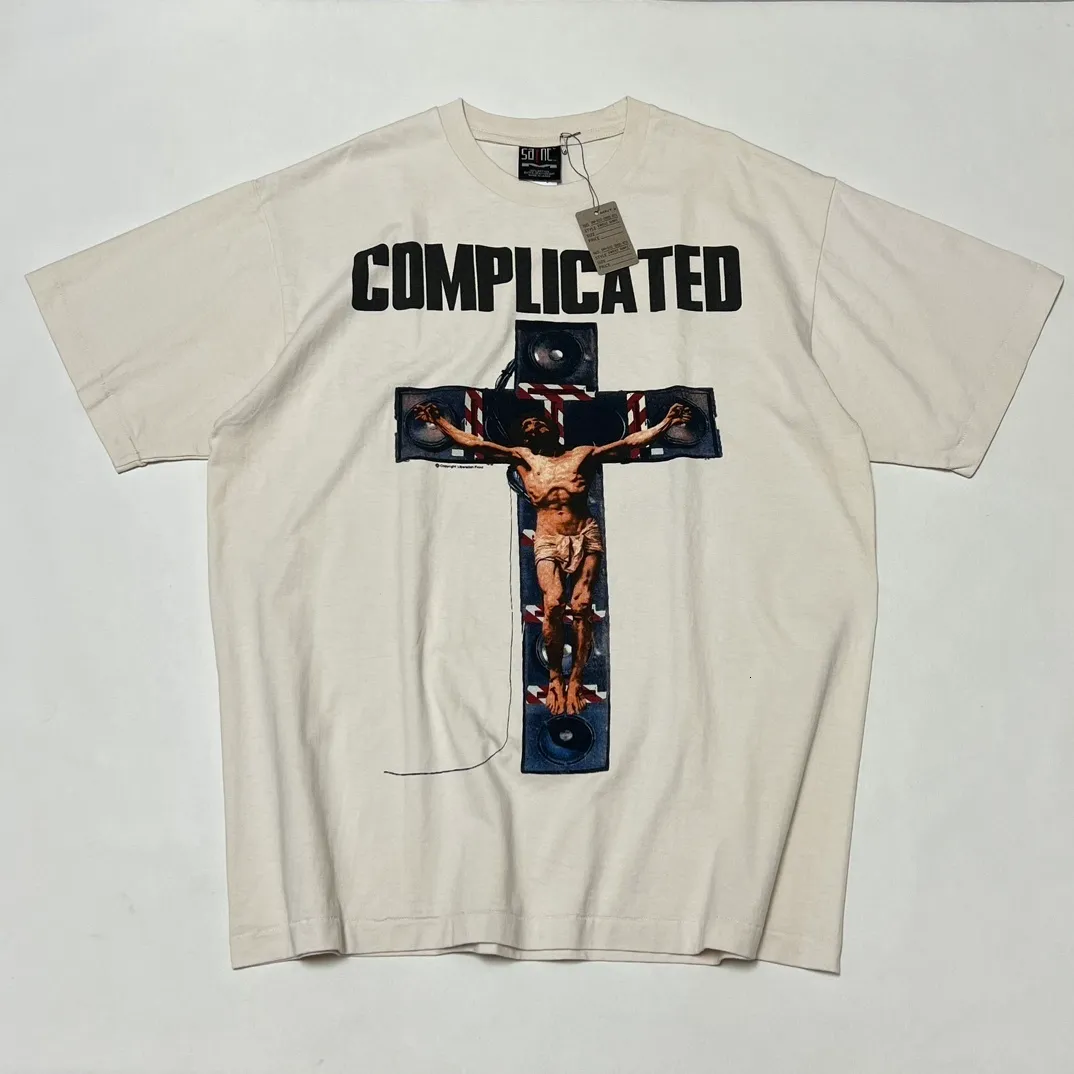 メンズTシャツ最高品質の聖23FWコラボCompleticed Jesus Tee Men Men Men VintageTシャツ洗浄特大綿Tシャツ230907