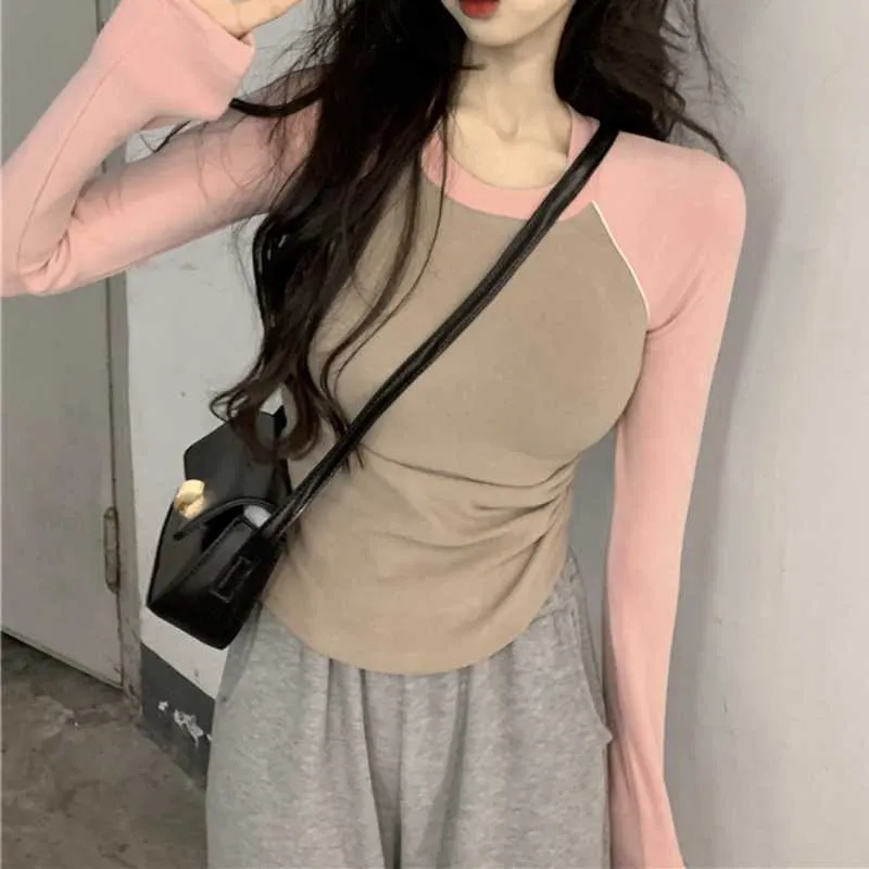 Deeptown Korean Style Patchwork Pink T-shirts Women harajuku Fashion Slim Long Sleeve Top Female Vintage Drawstring Crop Tops