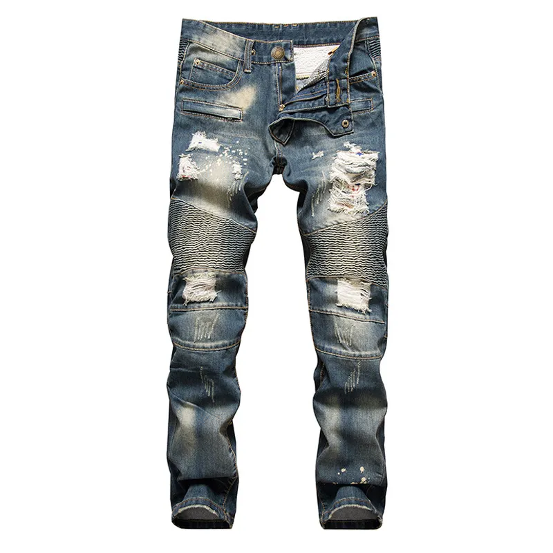 Moda Uomo commercio estero azzurro nero Slim Fit Motociclista Jeans Pantaloni Strappati Biker da uomo che lavano per fare la vecchia piega Pantaloni Casual Runway Denim