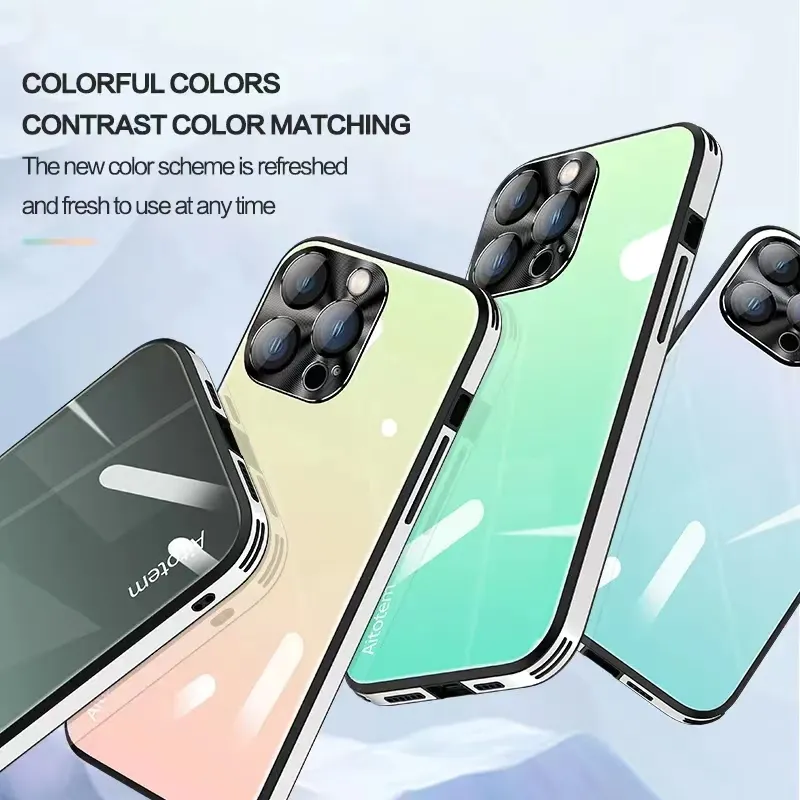 Custodia per telefono in vetro di colore sfumato di lusso per Iphone 13 14 12 Pro Max 14Plus con protezione della lente Cover posteriore in vetro con cornice in TPU per Iphone14