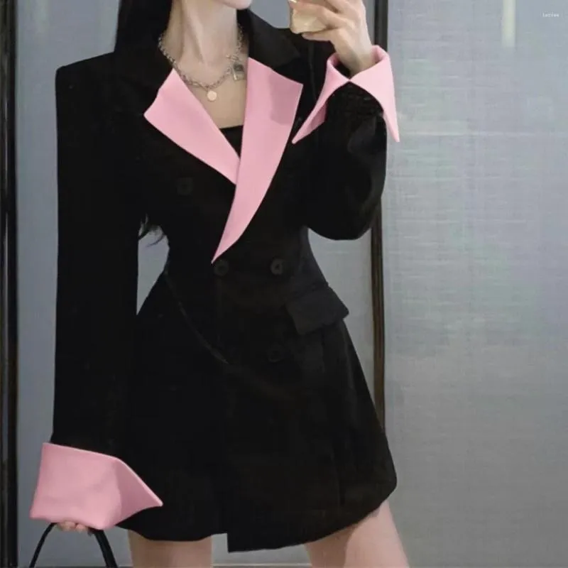 Trajes de mujer 2023 moda Otoño estilo largo manga alta Slim Fit abrigo negro contraste Color Blazer Top