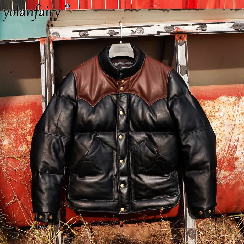 Men s Leather Faux Warm Winter Down Jacket Men Vintage Calfskin Stand Collar Simple Thick Genuine Coat Short Puffer Jackets FCY 230908