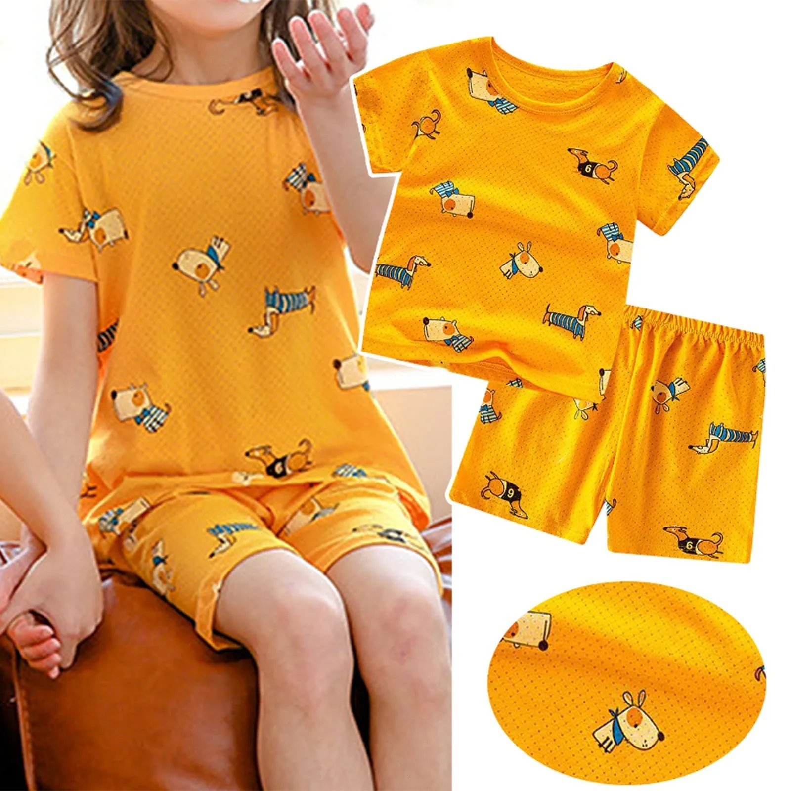 Chaussettes pour enfants Enfant en bas âge Bébé Garçons Costume Filles 2 pièces Chemises à manches courtes Tops Shorts Jaune Dessin animé Chien Enfant Vêtements Troupe Jogging 230907