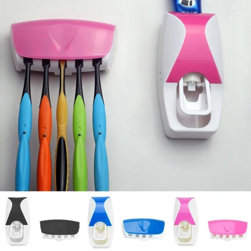 Set di accessori per il bagno Dispenser per dentifricio con portaspazzolino 1 pezzo Spremiagrumi per gel rotante con montaggio automatico antipolvere a parete Portaoggetti per il bagno