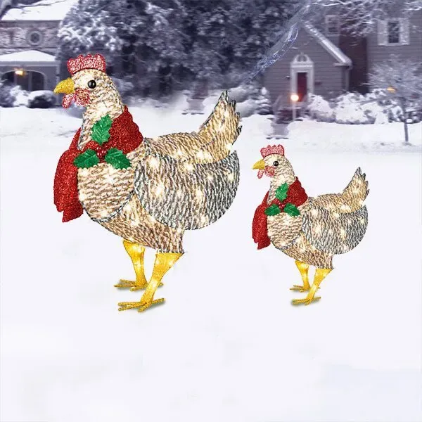 Light-Up Chicken with Scarf Holiday Decoration LED Christmas Outdoor Decorations Metal Ornaments Light Xmas Yard Art Atmosphere Decorations for Garden Patio Lawn