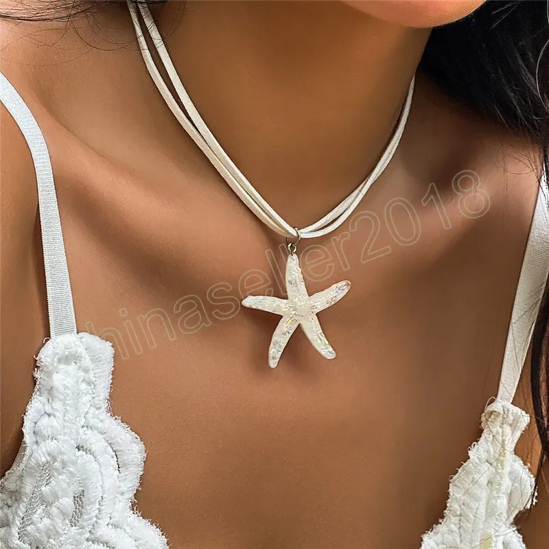 Boho Multilayer White Rope Chain With Large Starfish Star Pendant Necklace For Women Summer Choker Y2K smycken Tillbehör