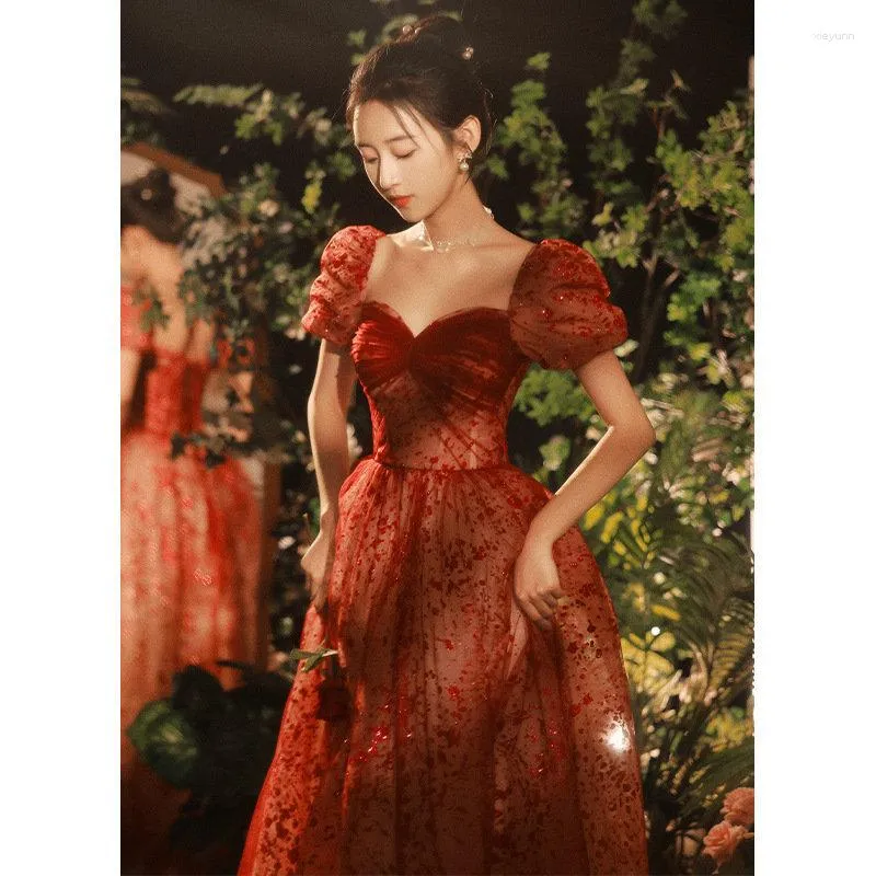Ethnic Chinese Traditional Wedding Dress for Women in Claret Polyester  Twill with Puff Sleeves