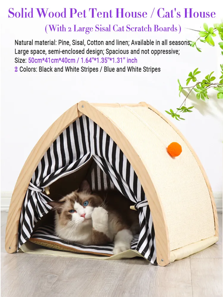 Solid Wood Cat Dog Tent House Indoor Hiding Habitat with Sisal Scratcher Breathable Black Small