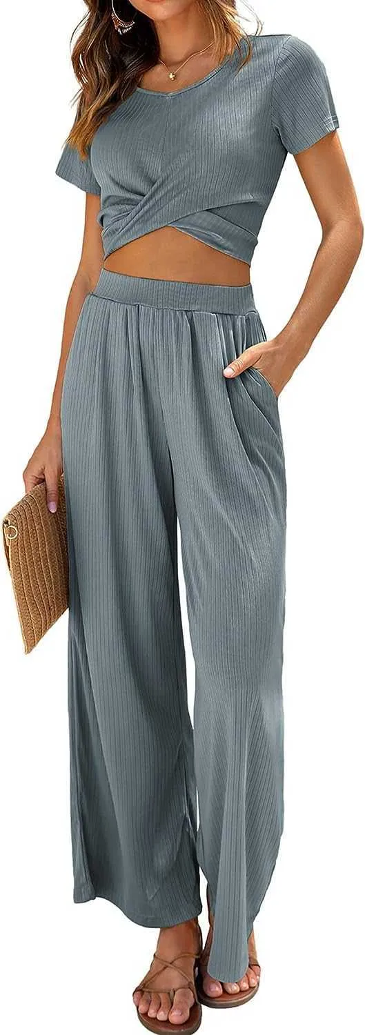 Sexy Pyjamas Ekouaer Damen-Pyjama-Set, 2-teilig, Freizeit-Set, Kurzarm-Set, Ripp-Dew-Nabelschnur-Oberteil, weites Bein, Hose, GürteltascheLF230908