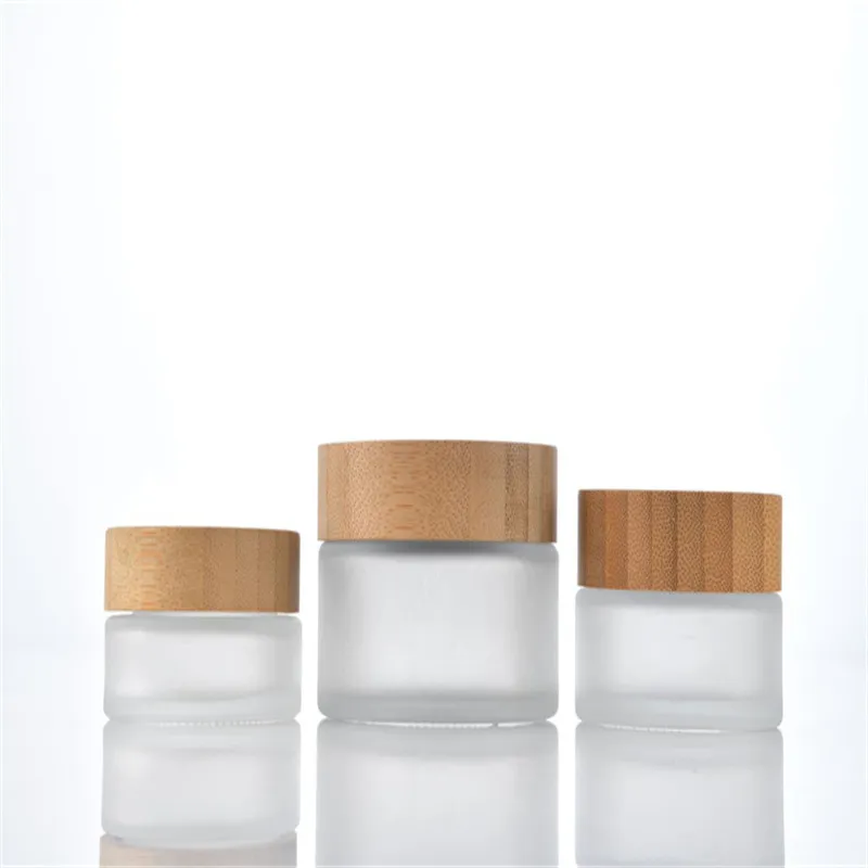 Frascos de creme de vidro fosco, tampas de bambu, recipientes cosméticos recarregáveis vazios, frascos de amostra, 5g, 15g, 30g, 50g, 100g