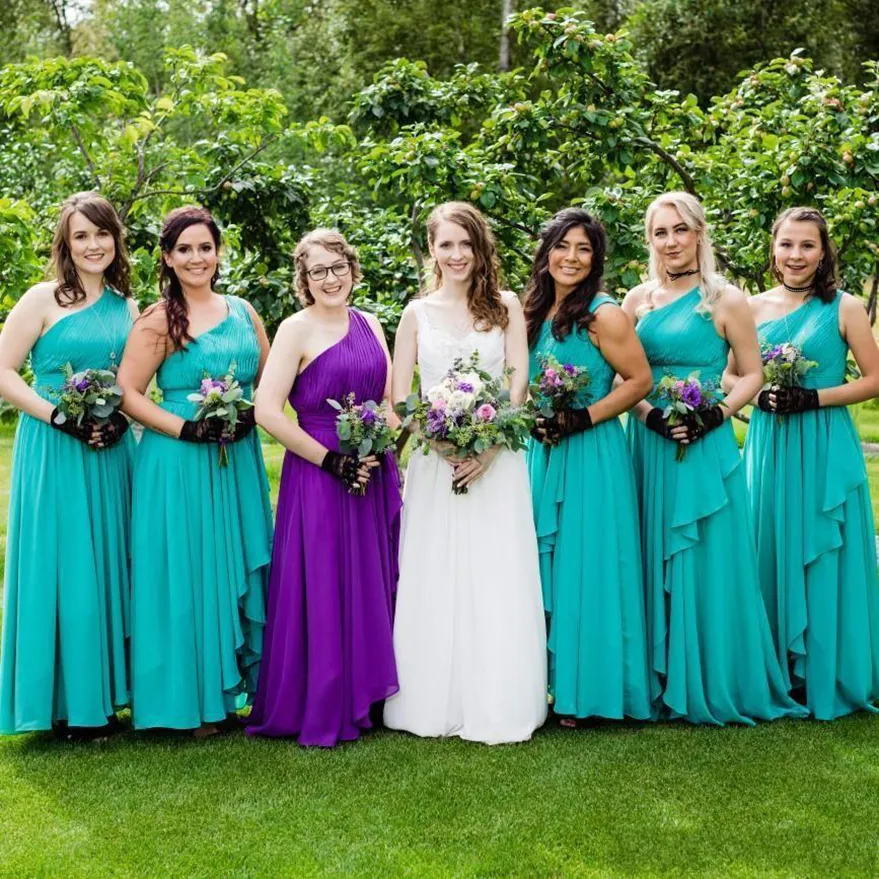 One Shoulder CASCADE SKIRT Chiffon Gowns Turquoise