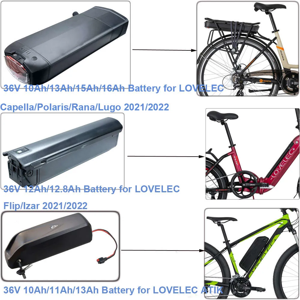 Batteria agli ioni di litio Ebike 36V 10Ah 12Ah 12.8Ah 13Ah 15Ah 16Ah LOVELEC Capella Polaris Rana Lugo ATIK Flip Izar Batteria per bici elettrica