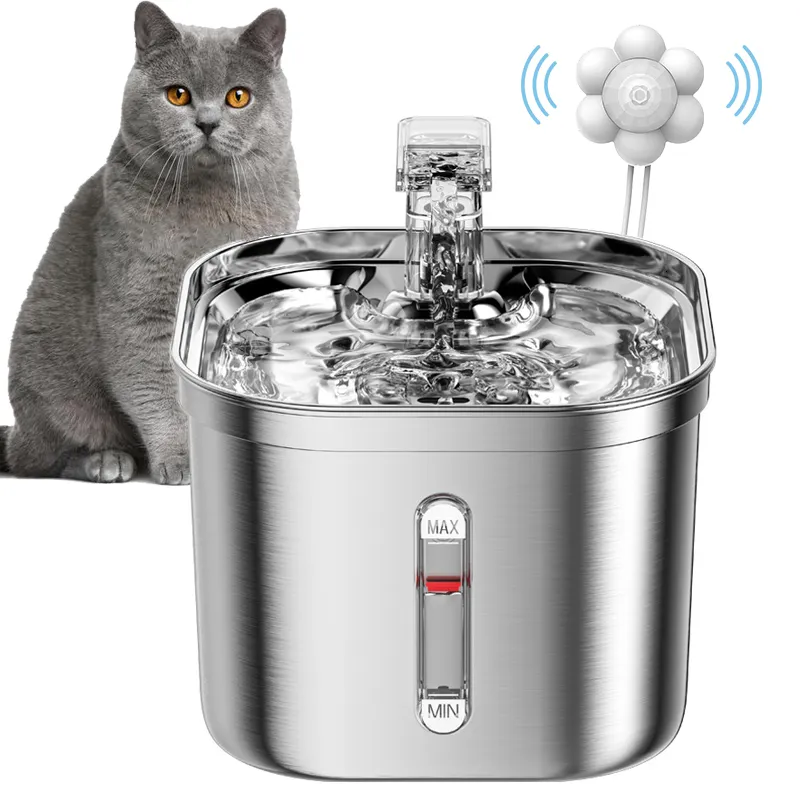 Bols pour chats Mangeoires Fontaine en acier inoxydable avec marque d'eau Distributeur automatique de chats Filtre à capteur Pompe ultra silencieuse pour animaux de compagnie Foutain 230907