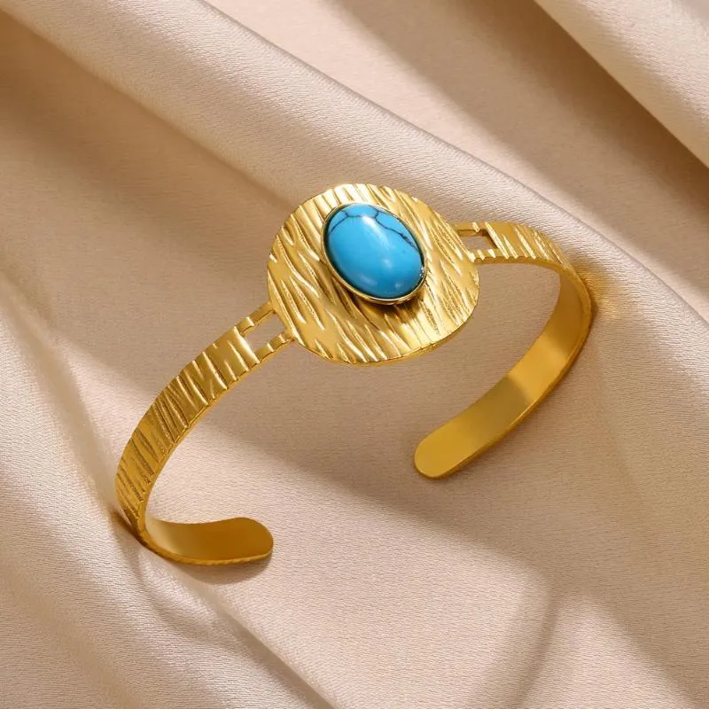 Armreif, Bohemian-Stil, oval, natürlicher blauer Stein, Armband für Damen, goldfarben, Edelstahl, verstellbar, Party-Schmuck, Geschenk