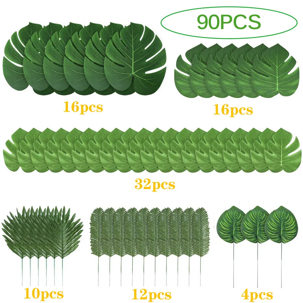 Faux Floral Greenery 90 Pieces 6 Kinds Artificial Palm Leaves Tropical Leaves Decorations For Jungle Party Decorations Beach Birthday Luau Hawaiian 230907