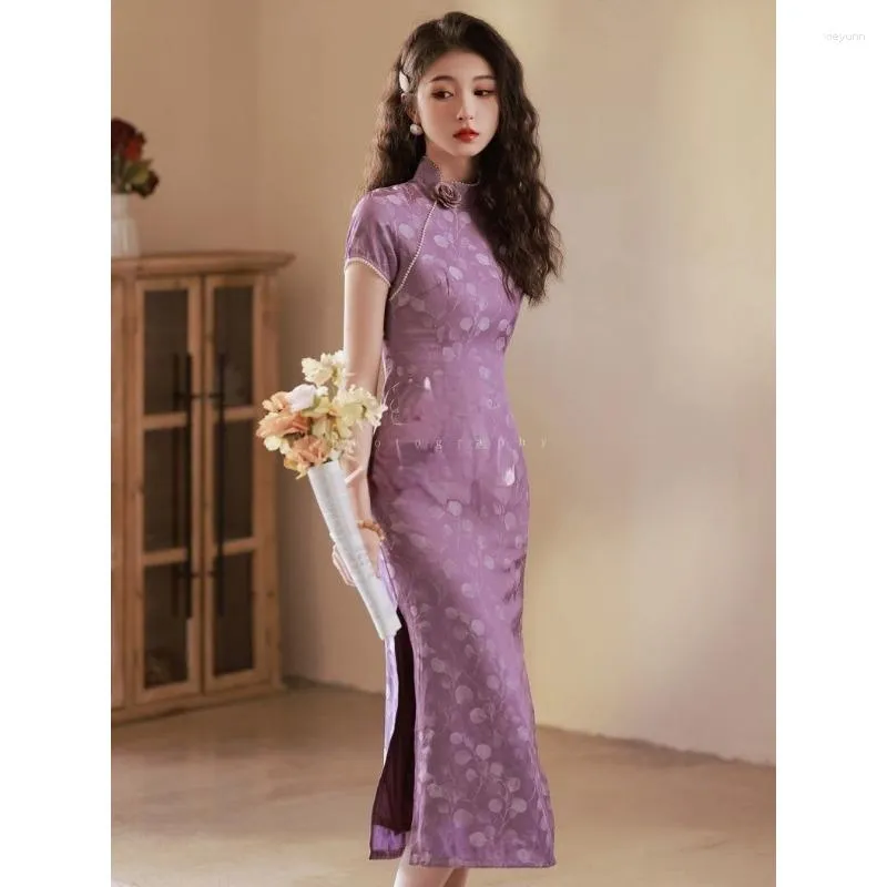 Ethnic Purple Cheongsam Qipao 2024 Traditional Chinese Dress